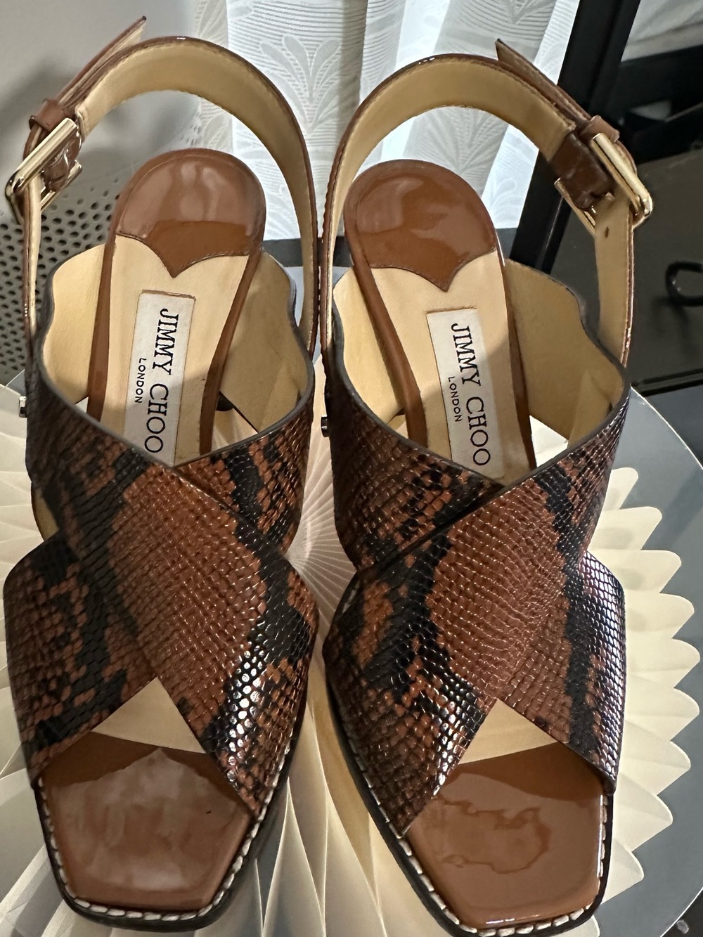 Jimmy Choo Brown Snake-Print Leather Crisscross Slingback Heels